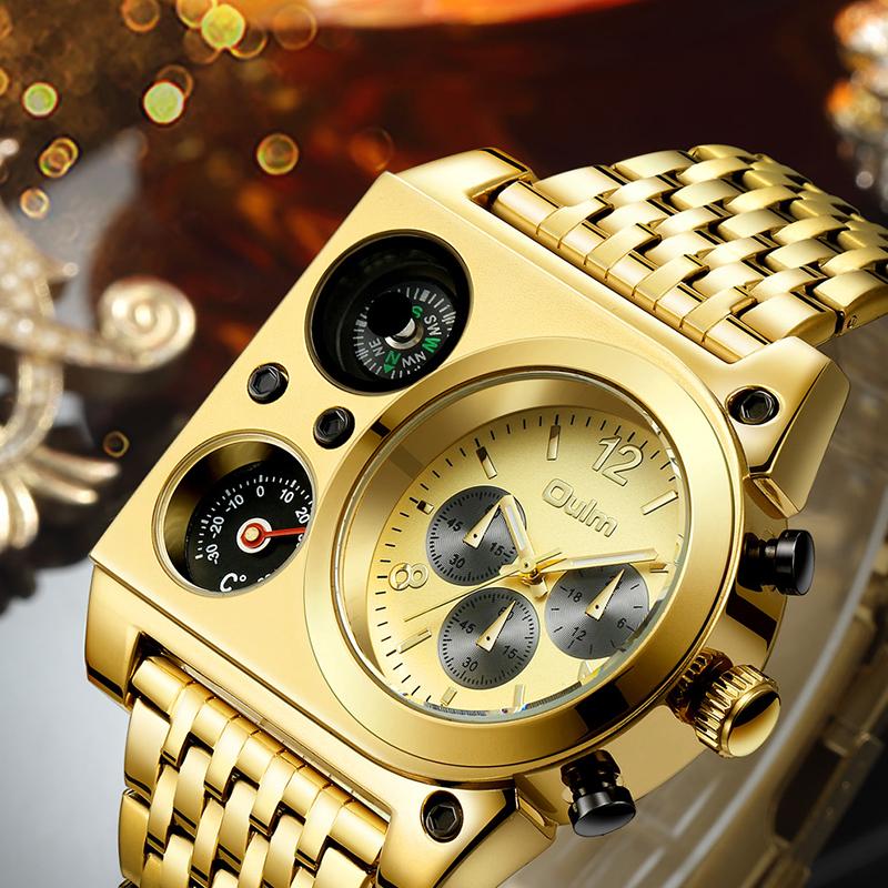 OULM-9315A Military Watch compass Temperature Display Movement Three Time Clock Big Dial Quartz Men WristWatch relogio masculino