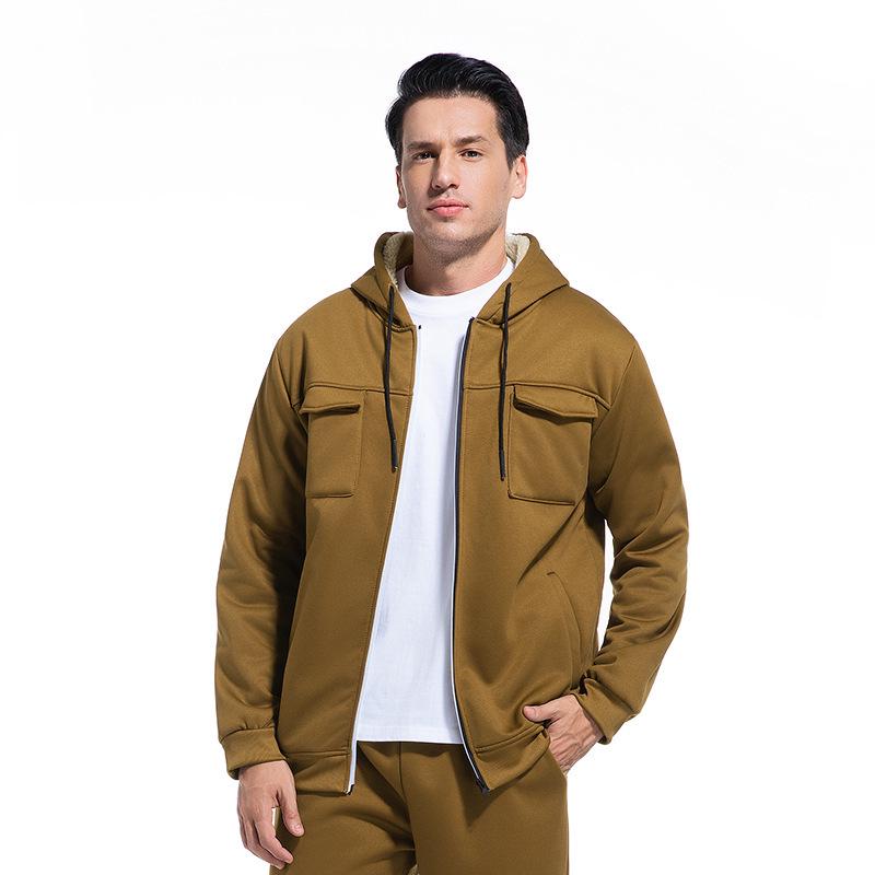 Men's European Size Lambswool Hooded Sweatshirt & Cardigan Workwear Set - Thick, Warm Jacket for Autumn/Winter.