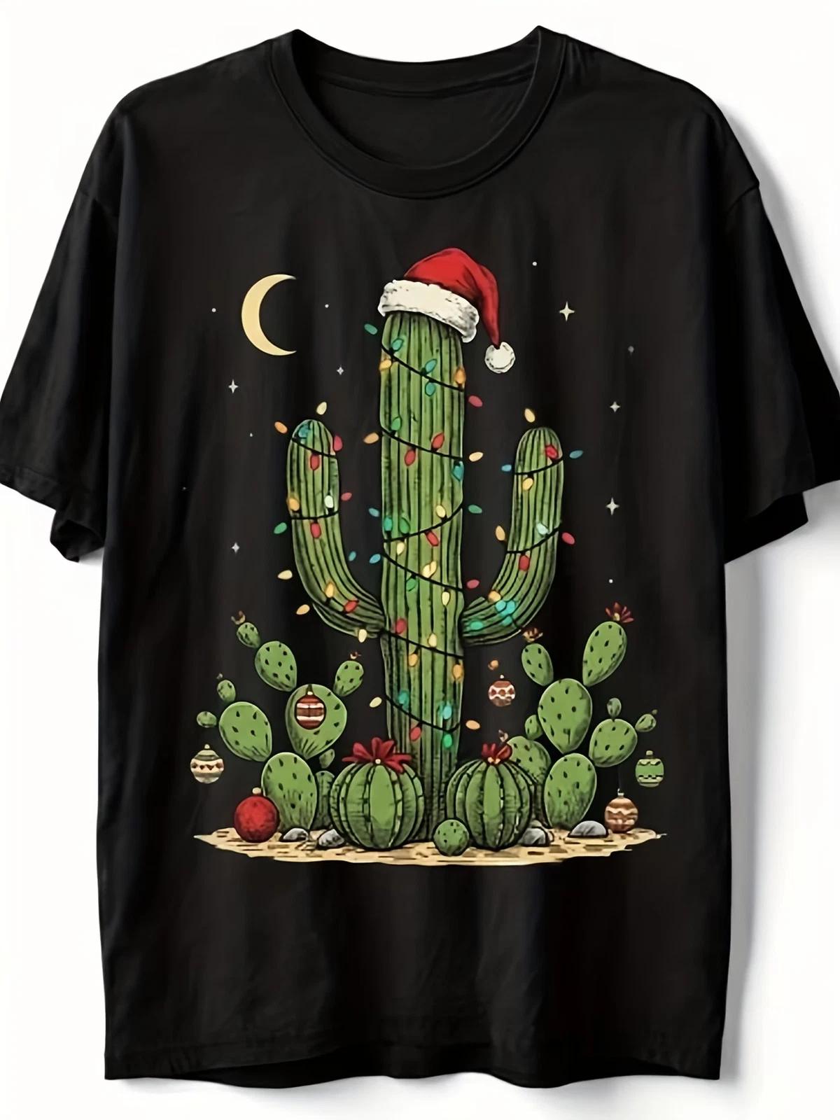 Christmas Cactus T-Shirt | Funny Santa Hat Desert Holiday Western Xmas Lights Gi XL