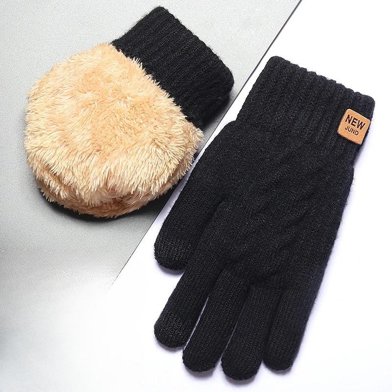 Black knitted winter warm gloves with fleece and thickened lining, fashionable and warm
