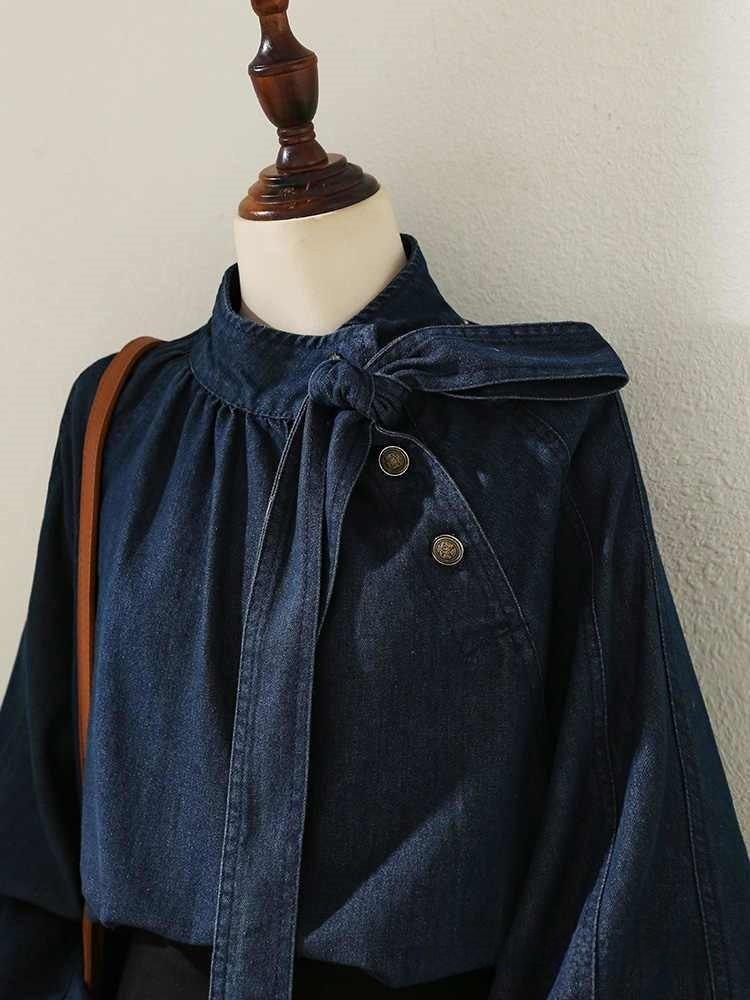 Designer Bowknot Denim Shirt With 3d Pattern And Lantern Sleeves For Spring Casual Wear