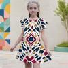 Girls Round Neck Flutter Sleeve A Line Flared Hem Printed Dress