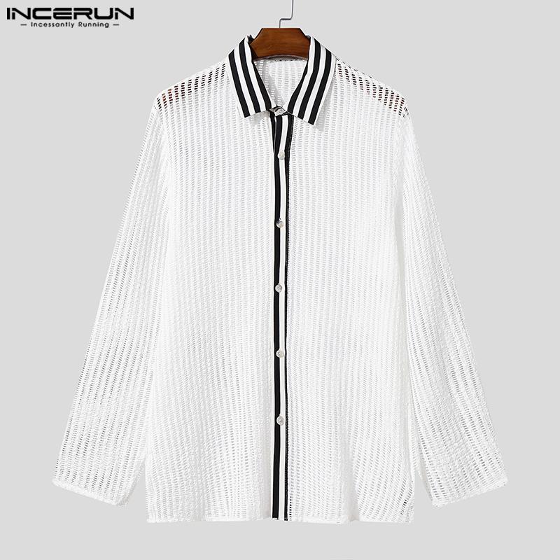 INCERUN Men Lapel Neck Long Sleeve Patchwork Hollow Out Fishnet Tops Mesh Sheer Shirts