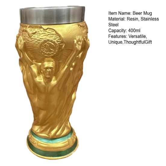 Tasse à Bière trophée de Football Résine Acier Inoxydable Tasse à Bière 400ml Grande Capacité Vaisselle pour Bière Cocktails Boissons Cadeau Unique pour Fans de Football