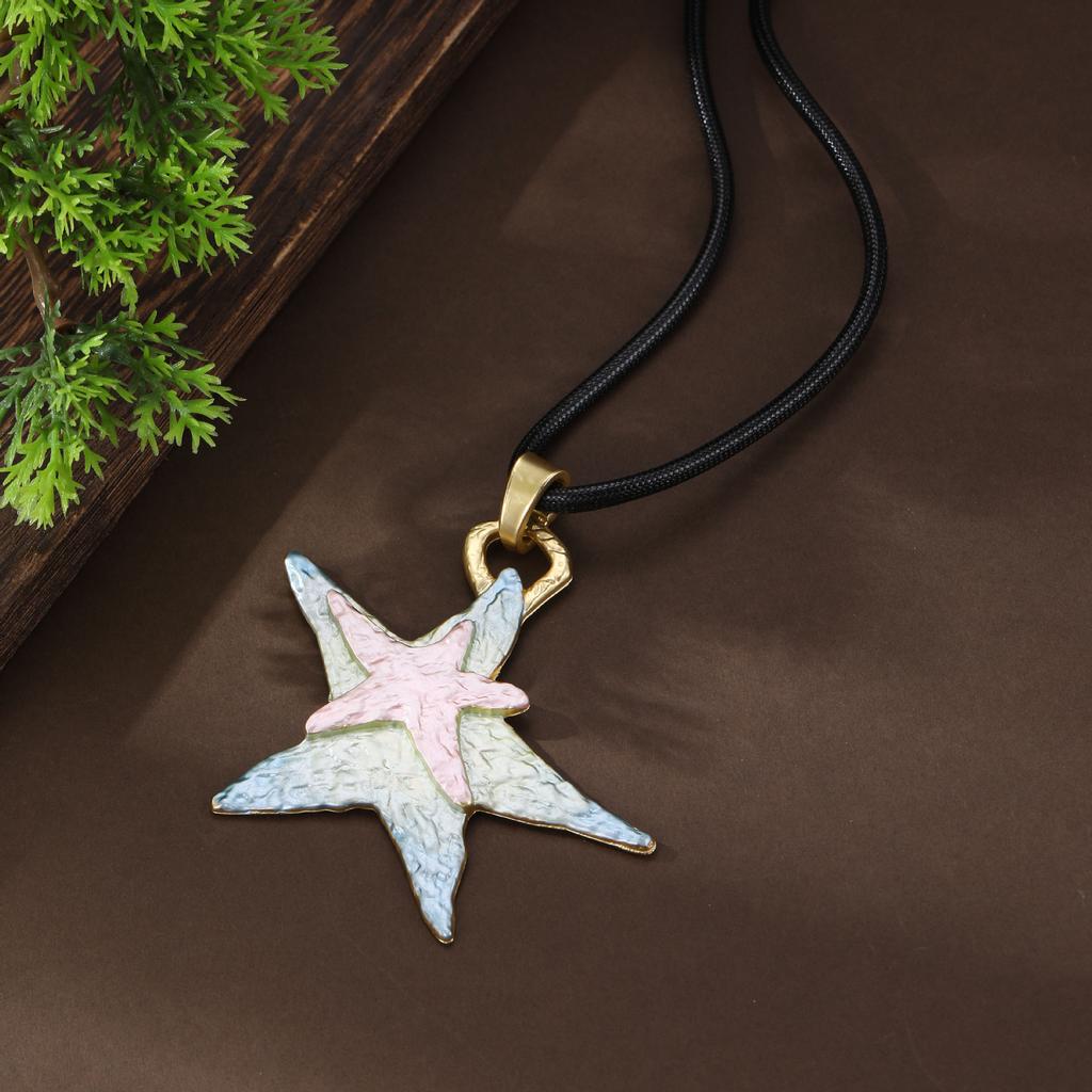 New Gradual Change Enamel Color Pentagram Leather Rope Long Pendant Women's High Sense Star Long Necklace