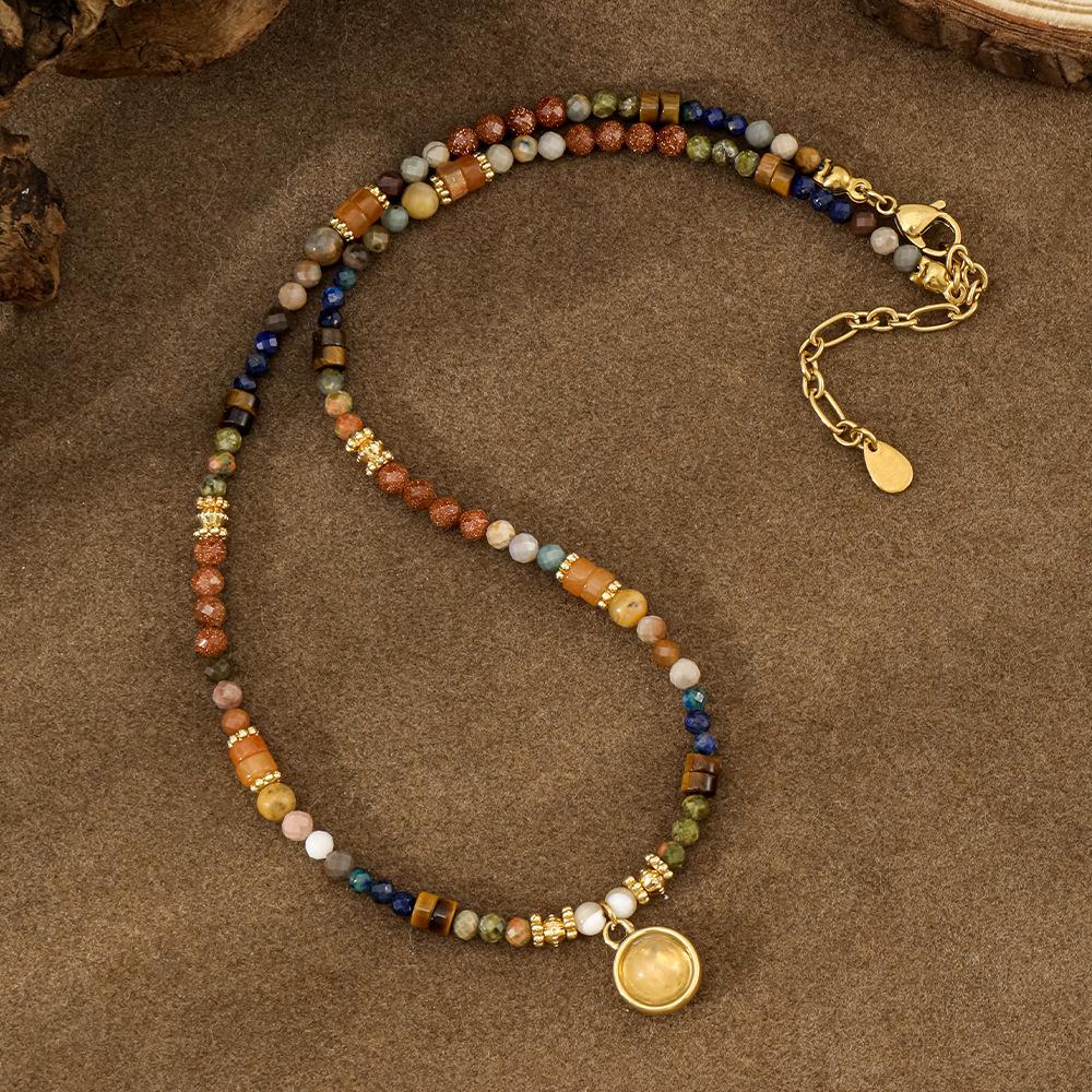 Prosperous ethnic style natural stone long necklace, handmade colored rope high-end bohemian adjustable sweater chain