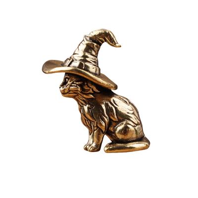Niedliche Zaubererkatze Kleine Statue Kreative Massive Messing Kindliche Tier Kätzchen Miniaturfigur Ornamente Retro Heimdekorationen