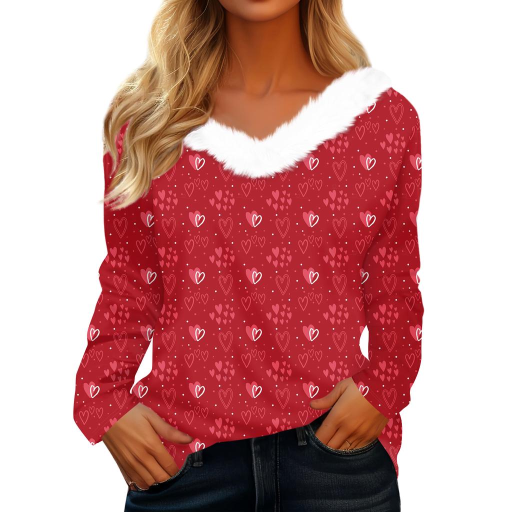 Women's Valentine's Day Printed Long-Sleeved Shirt, V-Neck, Casual Loose-Fitting T-Shirt Top