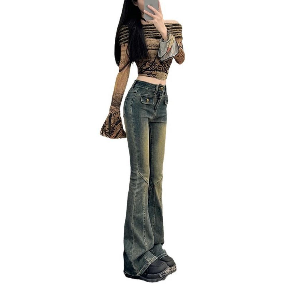 Niche high street micro-pull jeans women's spring and autumn new high-waisted design horseshoe horn jeans tide