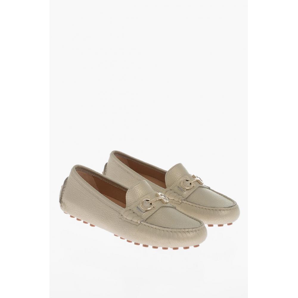 

Salvatore Ferragamo Hammered Leather Odilia Loafer With Clamp Gold US 5