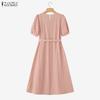 ZANZEA Women Casual Round Neck Summer Short Sleeve Dress