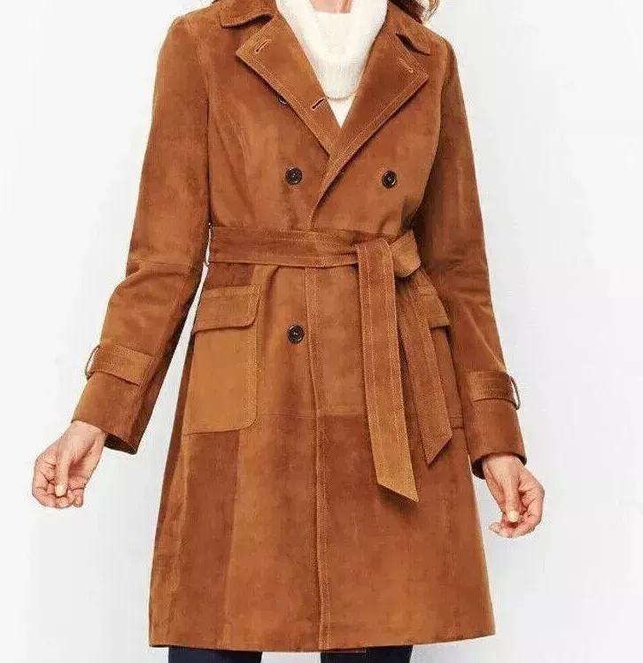 Lambskin Handmade Long Party Stylish Women Brown Trench Coat Suede Leather Genuine