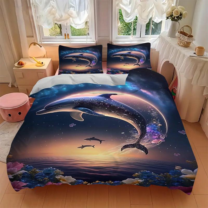 3pcs Anime Dolphin Bedding Set - Includes One Quilt Cover and Two Pillowcases (No Core) - Polyester Fabric, Perfect for Bedroom and Guest Ro