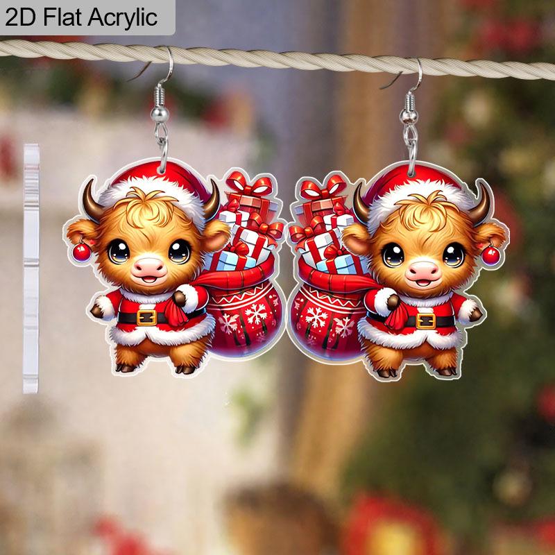 2D Flach 1 Paar Weihnachts-Festival Cartoon Kuh Geschenk Muster Ohrring Claus für Weihnachtsschmuck für Frauen Weiblich