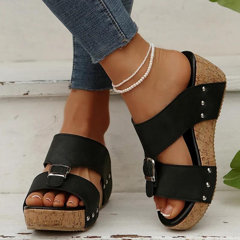 Mode Mode Schnalle Keilabsatz Pantoletten Damen Sommer Dicke Sohle Plateau Sandalen Frau Übergröße Bequeme Strandsandalen Weiblich