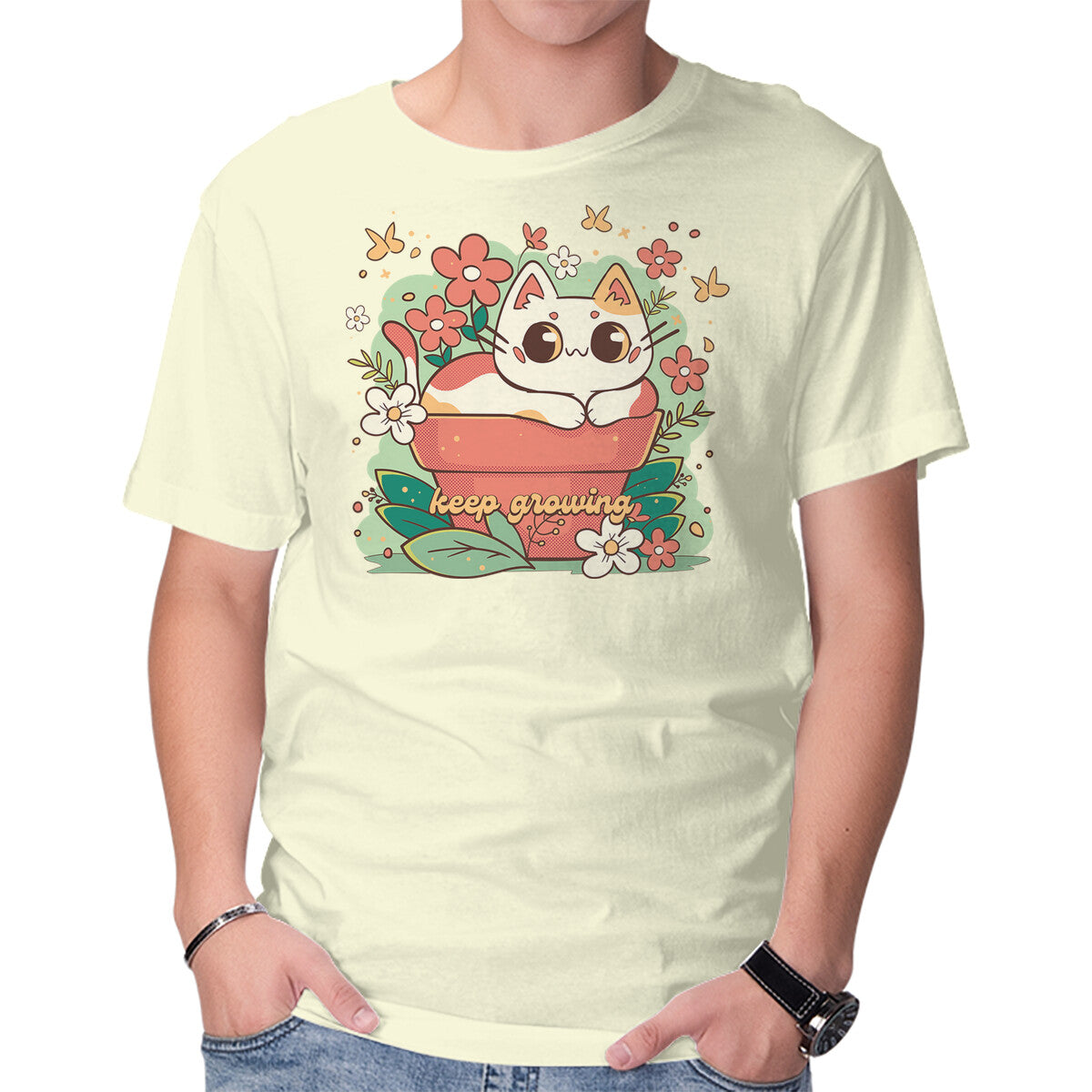 Unisex Crew Neck T-Shirt Keep Growing Cat Graphic Short Sleeve Casual Tee XXL