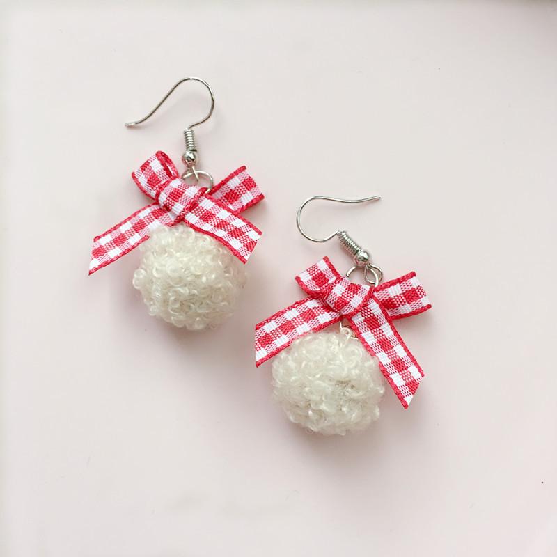 Harajuku Cute Plaid Bow & Mink Fur Ball Earrings with Strawberry Cake Dangles