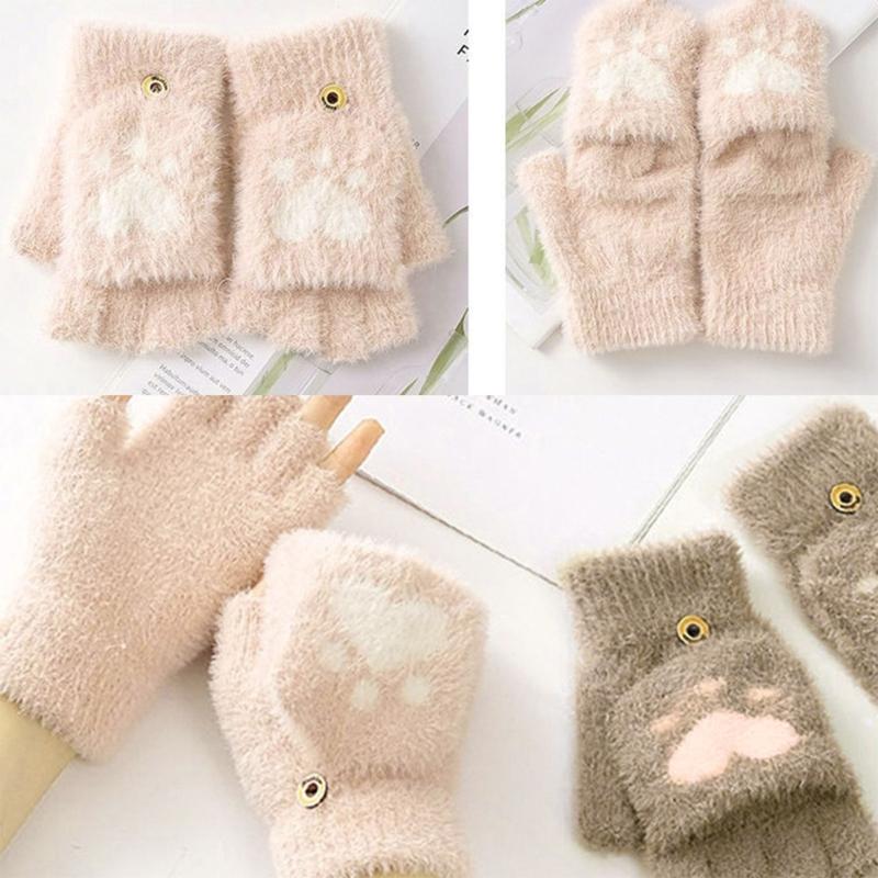 Cartoon Plush Cats Paw Fingerless Mittens with Flip Top Winter Knitted Gloves Stretchy Soft Mitten Elastic Warm Mitte