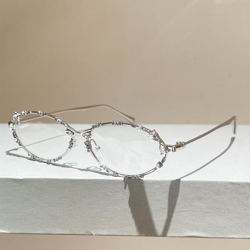 KAMMPT Vintage Oval Sunglasses with Rhinestones Women Fashion Retro Metal Rim Decor Shades New Trendy Elegant Casual Sun Glasses