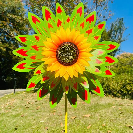 Sunflower Pinwheel 3-Tier Sunflower Garden Wind Spinner Ground Insert Yard Decor Windmill for Patio Lawn Decoration
