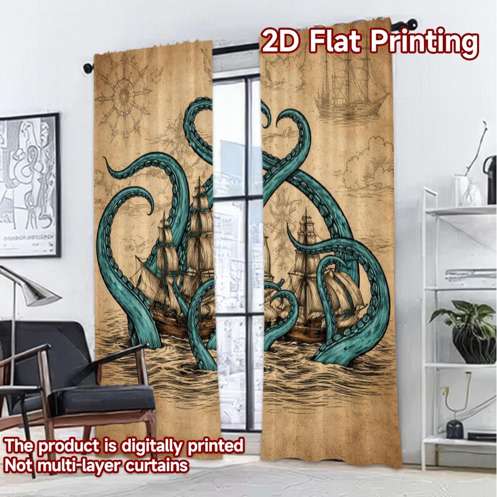 2D FLAT PRINTING 2pcs Curtains (Without Rod) Tall Ships and Tentacles Chic Chic Curtains Prints Light Filtering Curtains