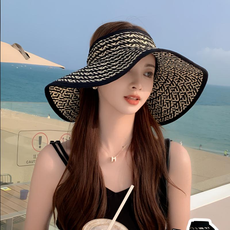 Big Brim Visor Cap Women'S Outdoor Collapsible Straw Hat Summer Empty Top Hats Sun Protection Beach Hats