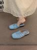 Sheepskin version~ niche French one-word cool slippers women's open-toed square head temperament Roman shoes flat beach shoes