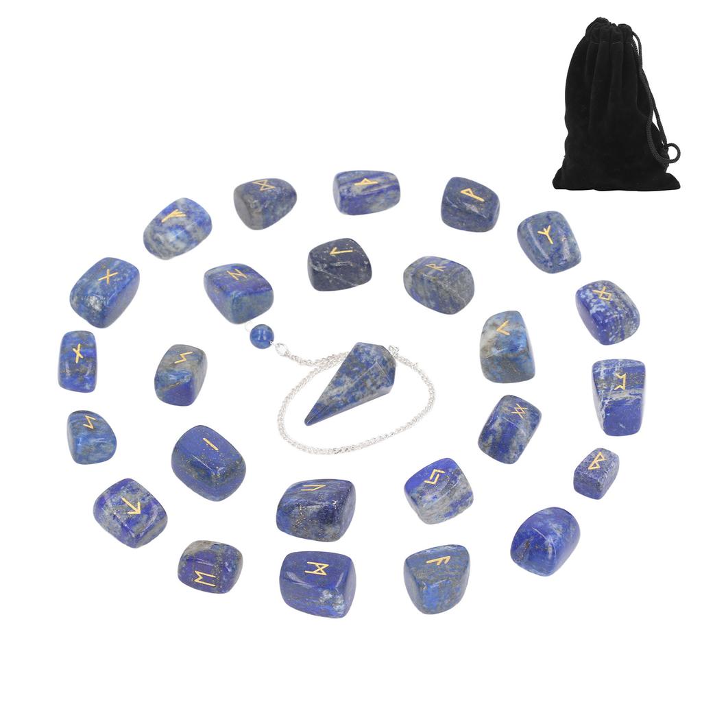25Pcs Rune Stones Healing Balanced Chakras Peaceful Mind Lettering Crystal with Bag Pendulum for