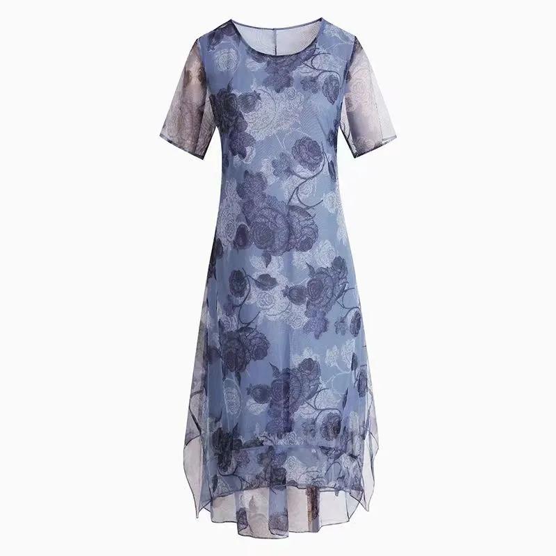 Summer Vintage Print Long Dress for Women Plus Size Short Sleeve Summer Casual Dress Female
