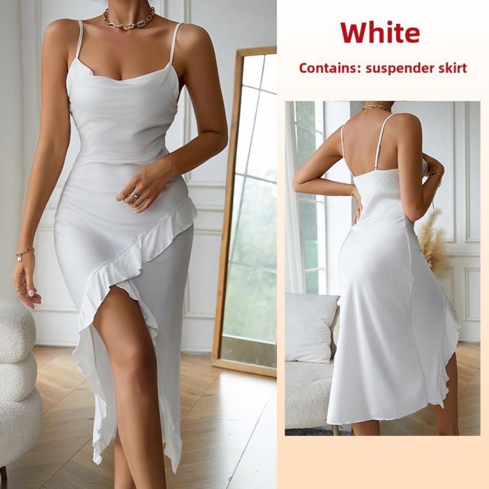 Suspender Nightgown Sexy Charming Ruffle Bottom Swing Split Pajamas Loungewear
