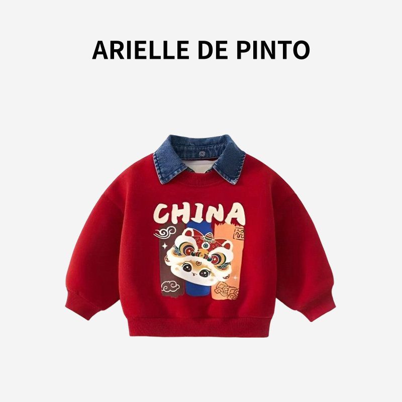French Arielle De Pinto Autumn and Winter Sweatshirts for Boys and Girls, Chinese Style New Year Greeting Clothes, Thickened New Year Clothing Red Festive Chinese Style Sweatshirt 100