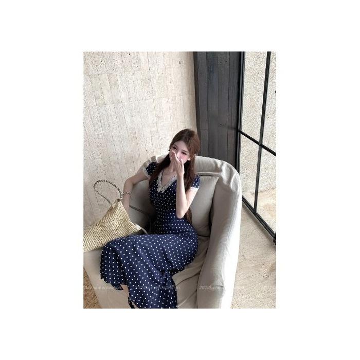 French retro popular polka dot dress, new lace temperament summer dress, slim and thin waist S