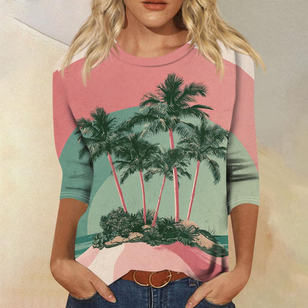 Women's Fashionable Casual Round Neck Three-quarter Sleeve Hawaiian Print T-shirt Top