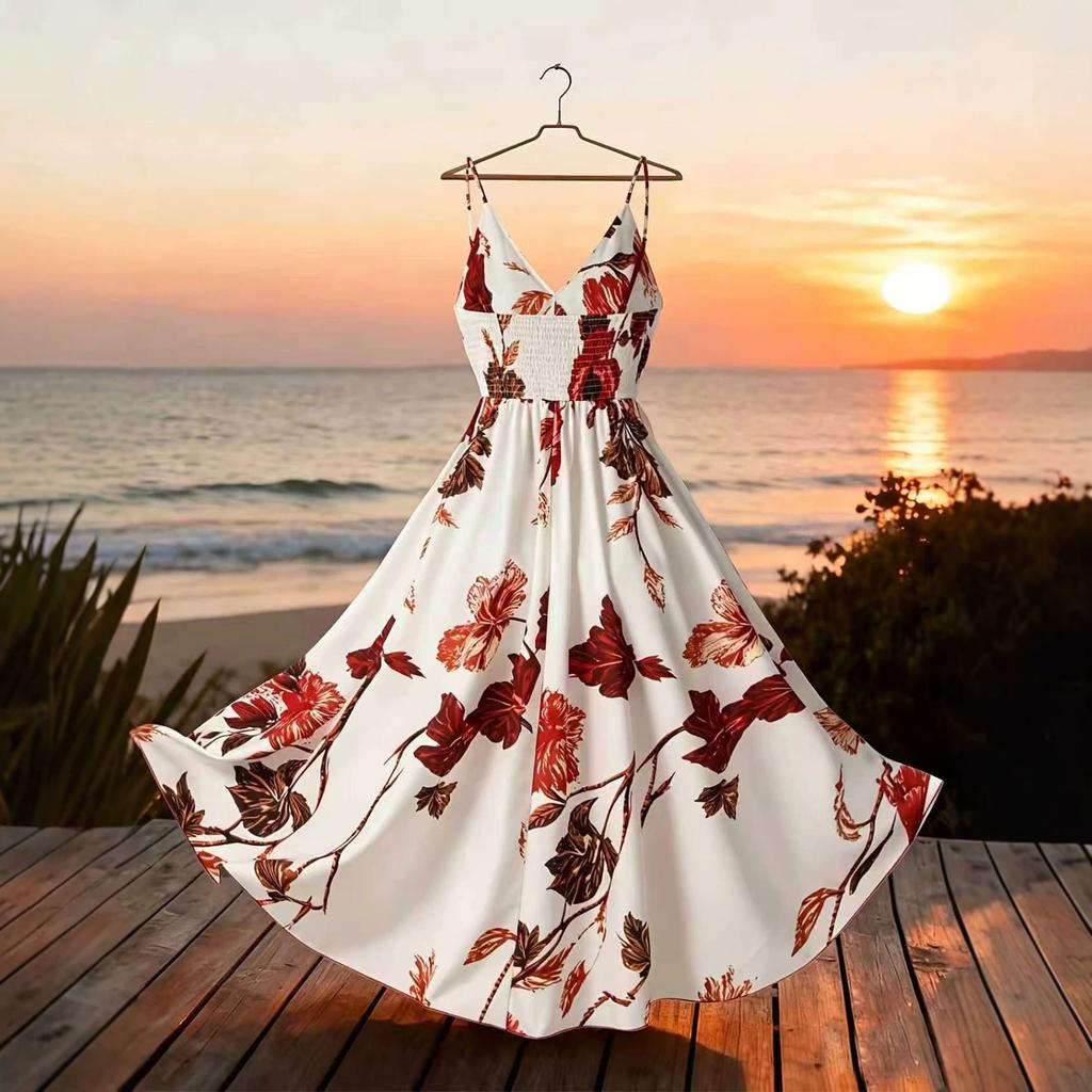 French print suspender dress seaside vacation style waist long dress European and American beach dress summer new