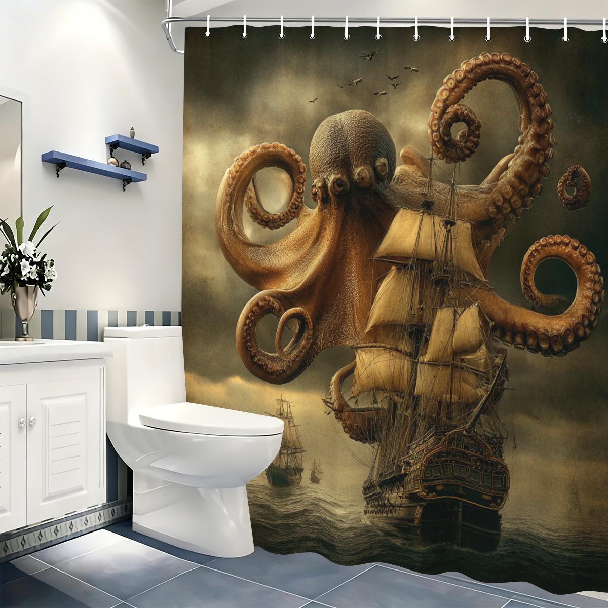 

Vintage Art Themed Polyester Shower Curtain - Nautical & Mythological Figure Printed Bath Curtain For Bathroom Decor W60H190(CM)-1 Pcs