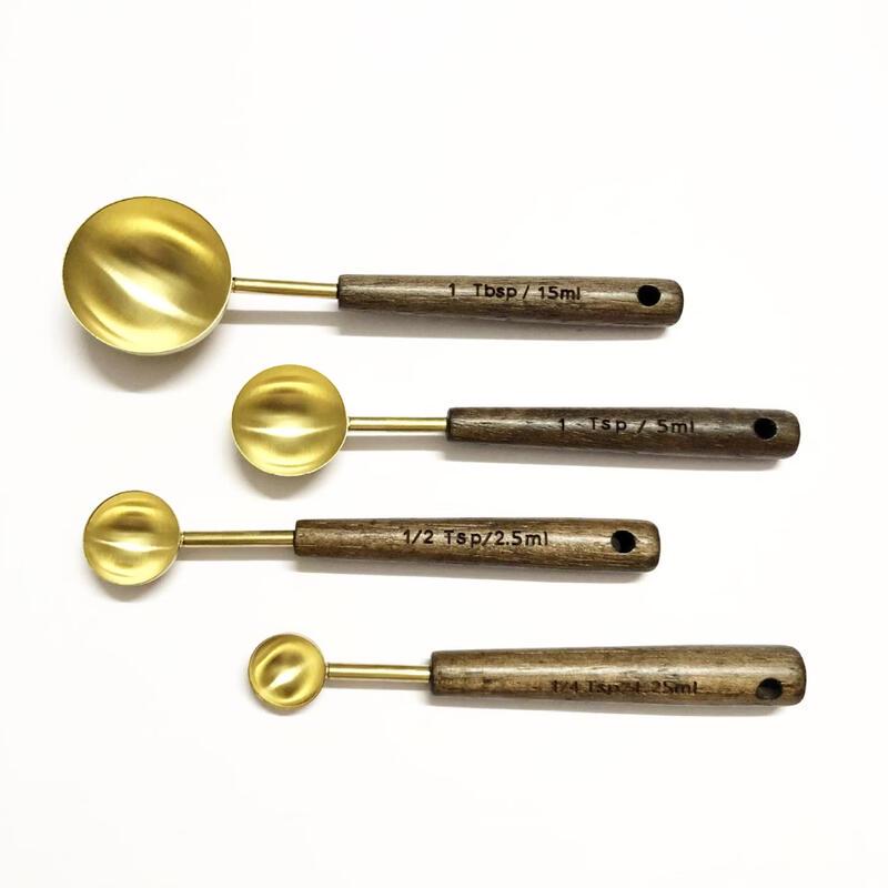 MDNG Gold Stainless Steel Measuring Spoon Set with Oak Handle