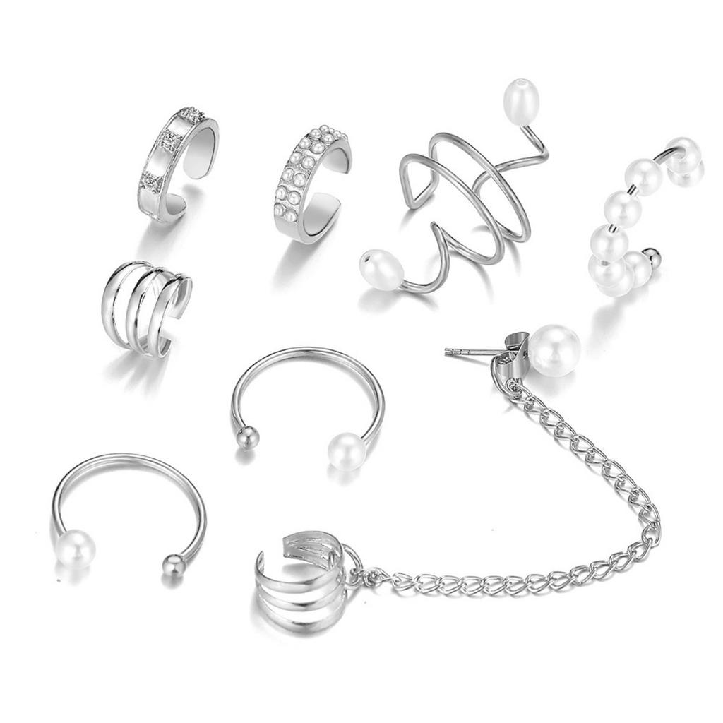 8pc Imitation Pearl Ear Clip Set Hip Hop Style Women's Earrings Non-piercing False Cartilage Ear Contour Fringe Chain Jewelry