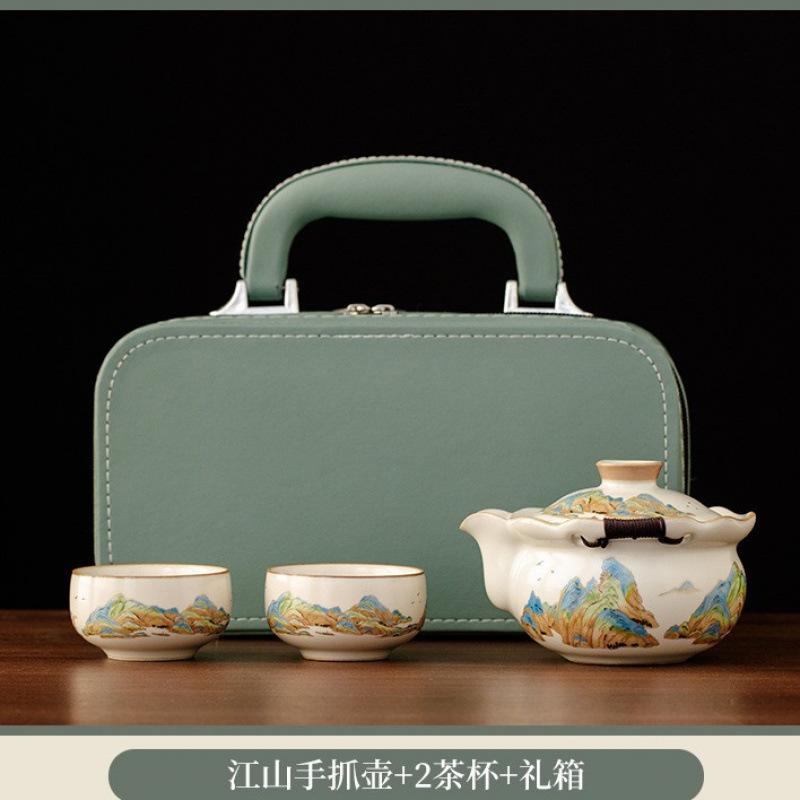 

Портативный дорожный керамический чайный набор в китайском стиле для кемпинга на открытом воздухе, чайник и чашка для чая Кунг-фу, глазурь Жуяо, подарочный набор в коробке, новый