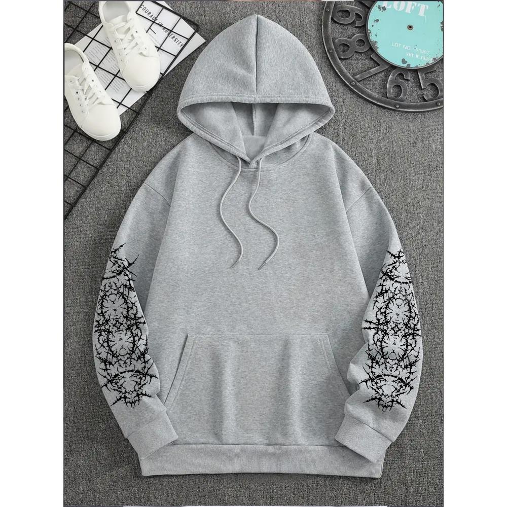 Men's Angel Element Graffiti Thorn Print Fashionable Street Wear Hip-hop Punk Style Hoodie, Regular Fit, Casual Long Sleeved Pullover