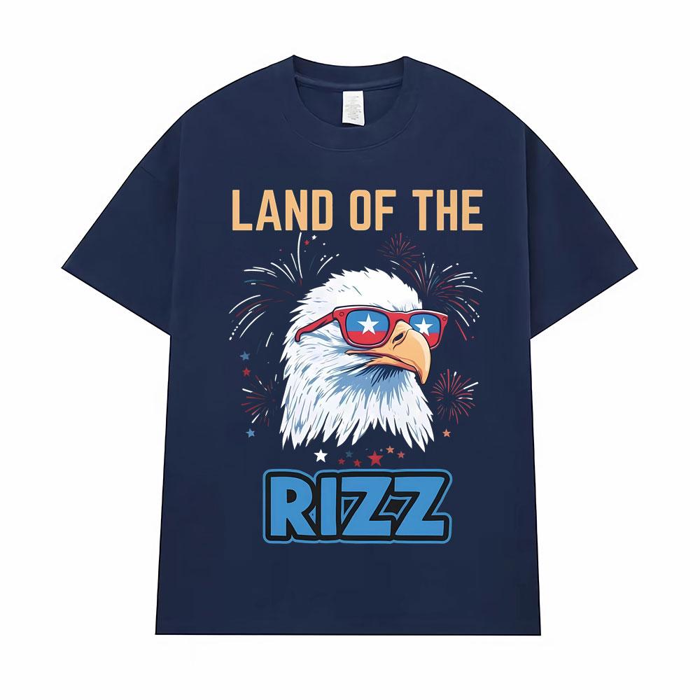 Vintage Land of The Rizz T Shirt Funny Patriotic Bald Eagle Sunglasses Oversized T-Shirt for Men Women Harajuku Fashion T Shirts