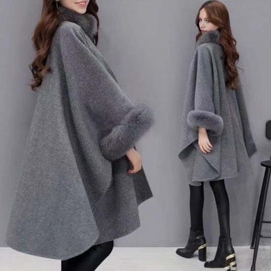 Lady Winter Cape Coat Dolman Sleeves Thick Shawl Loose Stand Collar Solid Color Faux Fur Decor Warm Daily Wear Work Outdoor Poncho