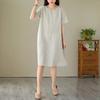 Women's Summer Lightweight Cotton Linen Dress, Japanese Minimalist Solid Color Round Neck Short Sleeve Loose Casual Midi Dress