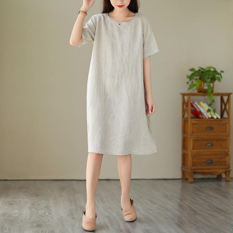 Women's Summer Lightweight Cotton Linen Dress, Japanese Minimalist Solid Color Round Neck Short Sleeve Loose Casual Midi Dress