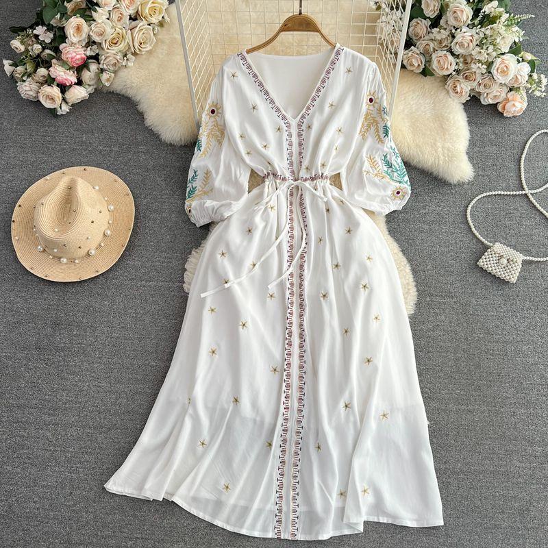 

Summer Retro Bohemia A- line Dress Embroidered White One size