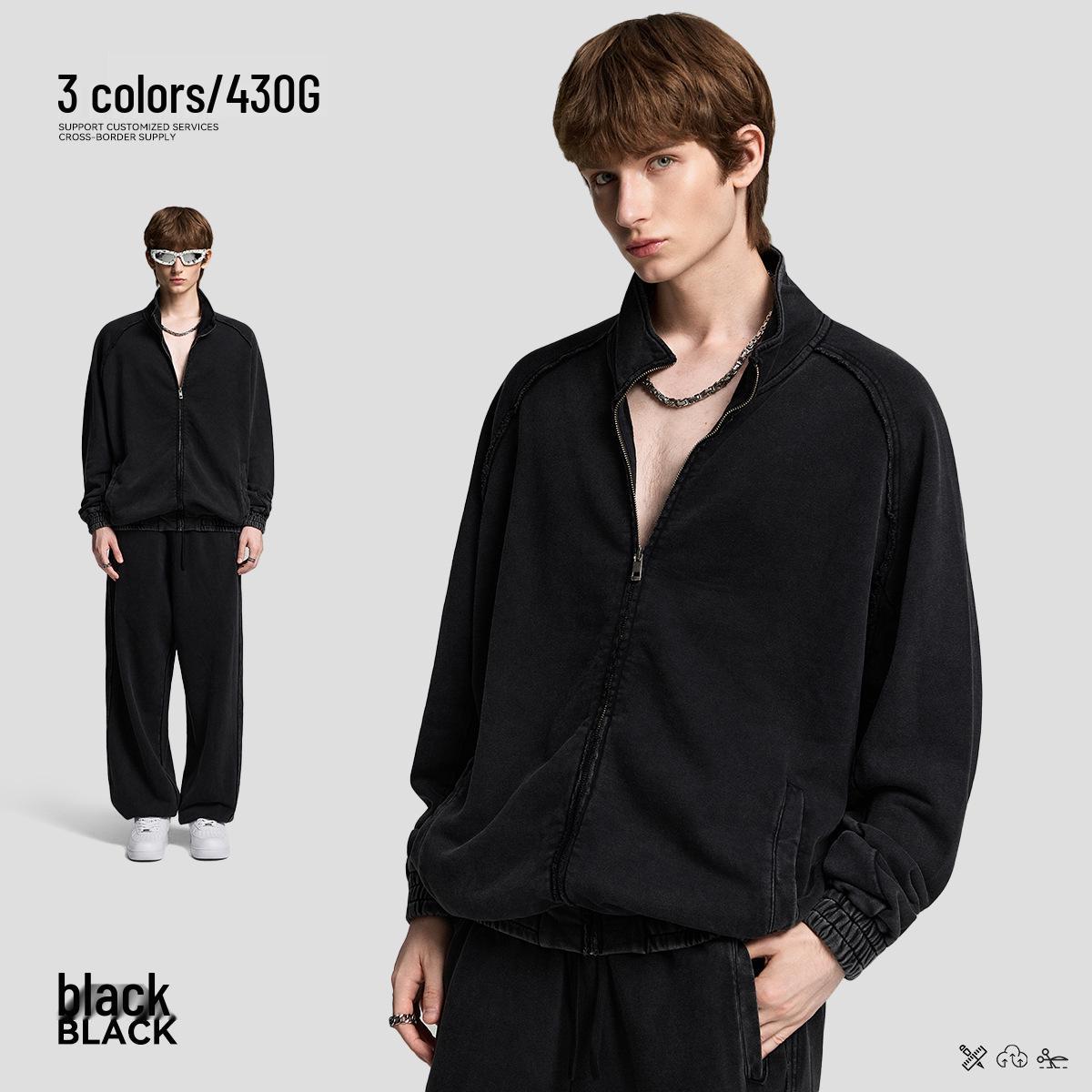 Cross430G Men s Washed Heavyweight Cotton Hoodie - Trendy Raw Hem High-End Streetwear Jacket M