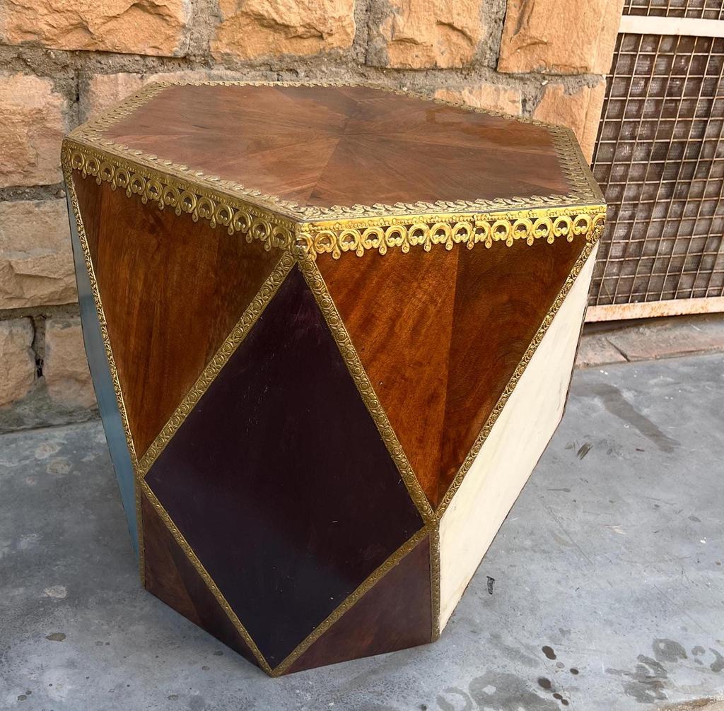 Wooden Coffee Table-India Central Home Decor Furniture-Hexagonal Side Table | Brass Inlay Accent Table | Geometric Boho End Table, Bedside