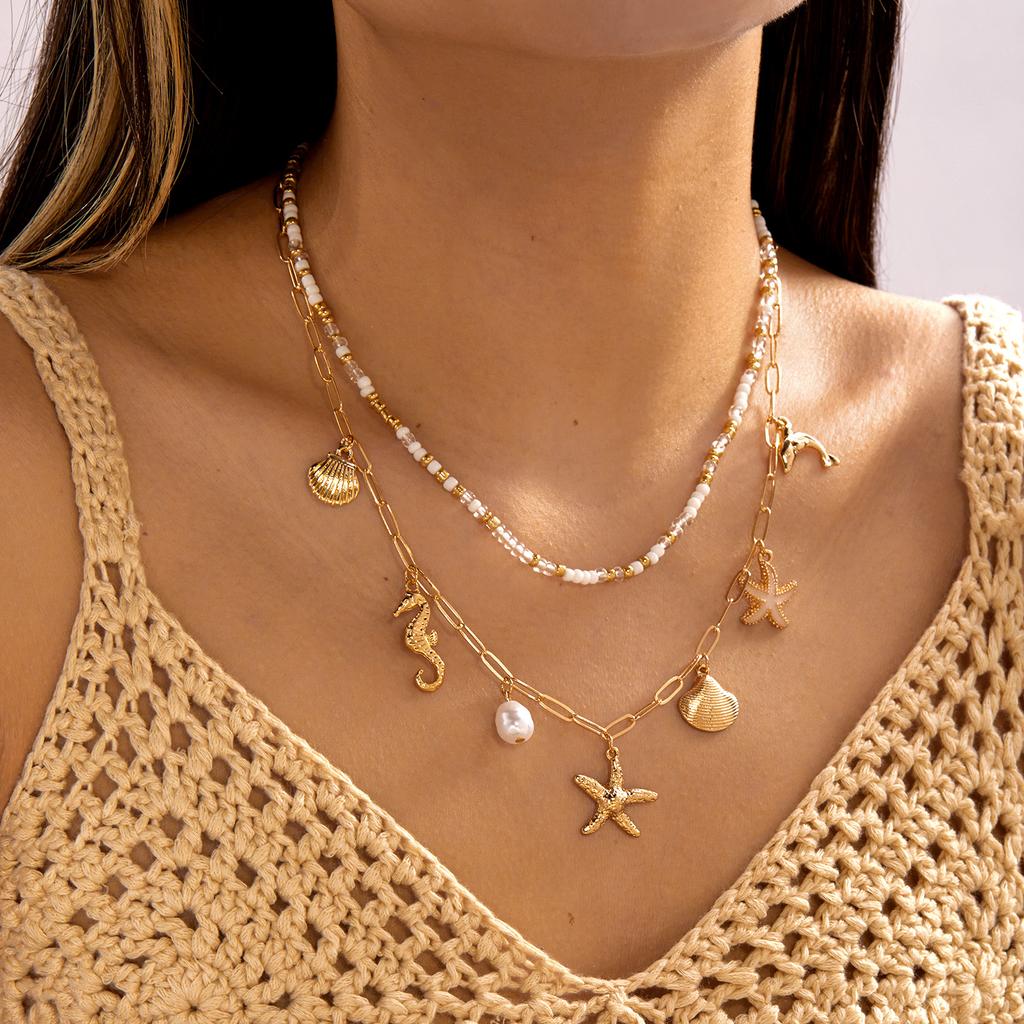 Boho Shell Starfish Scallops Pendant Necklace For Women Ocean Series Seahorse Dolphin Rice Beads Choker Beach Vacation Jewelry