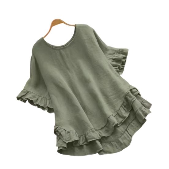 Women Tops Round Neck Short Sleeve Loose Fit Pullover Tops Pure Color Ruffle Hem