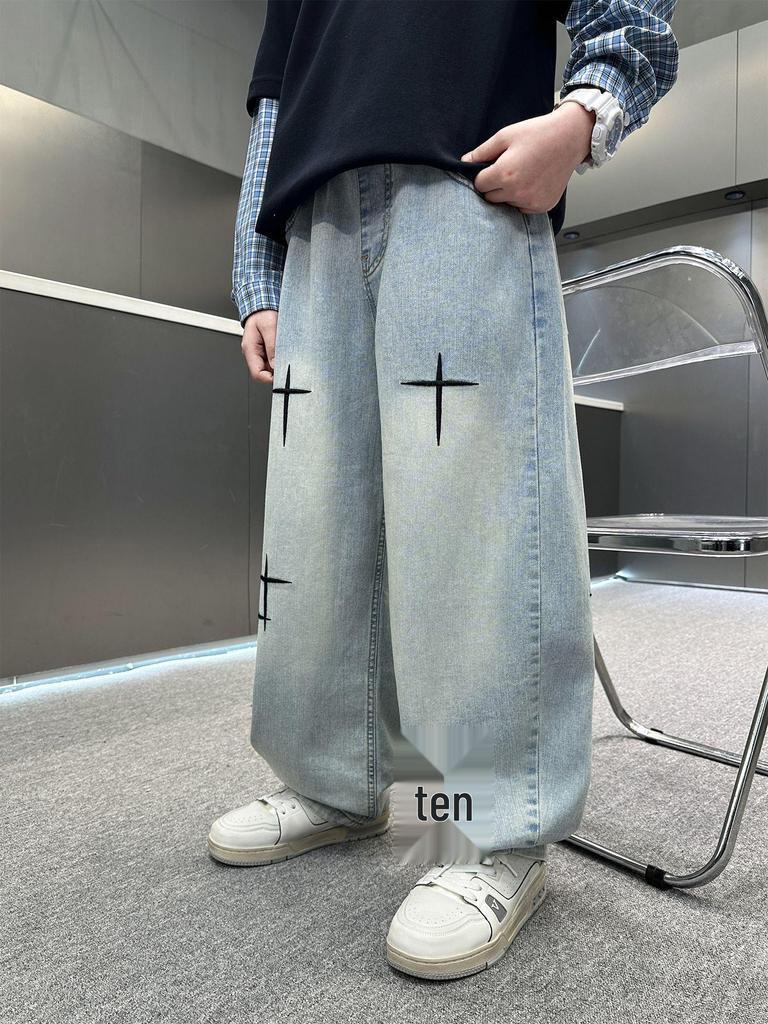 Men's 2026 Spring Trend Loose Wide-Leg Jeans with Cross Star Embroidery