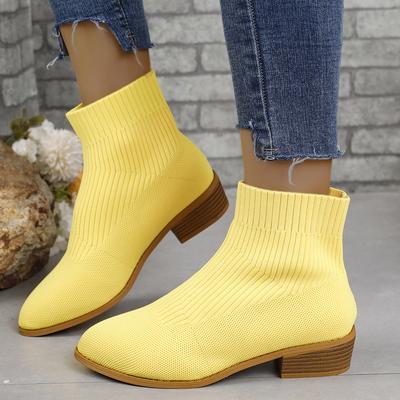 Women Knitted Stretchy Thick Heel Boots Autumn Fabric Socks Low Heel Ankle Booties Leisure Breathable Short Botas